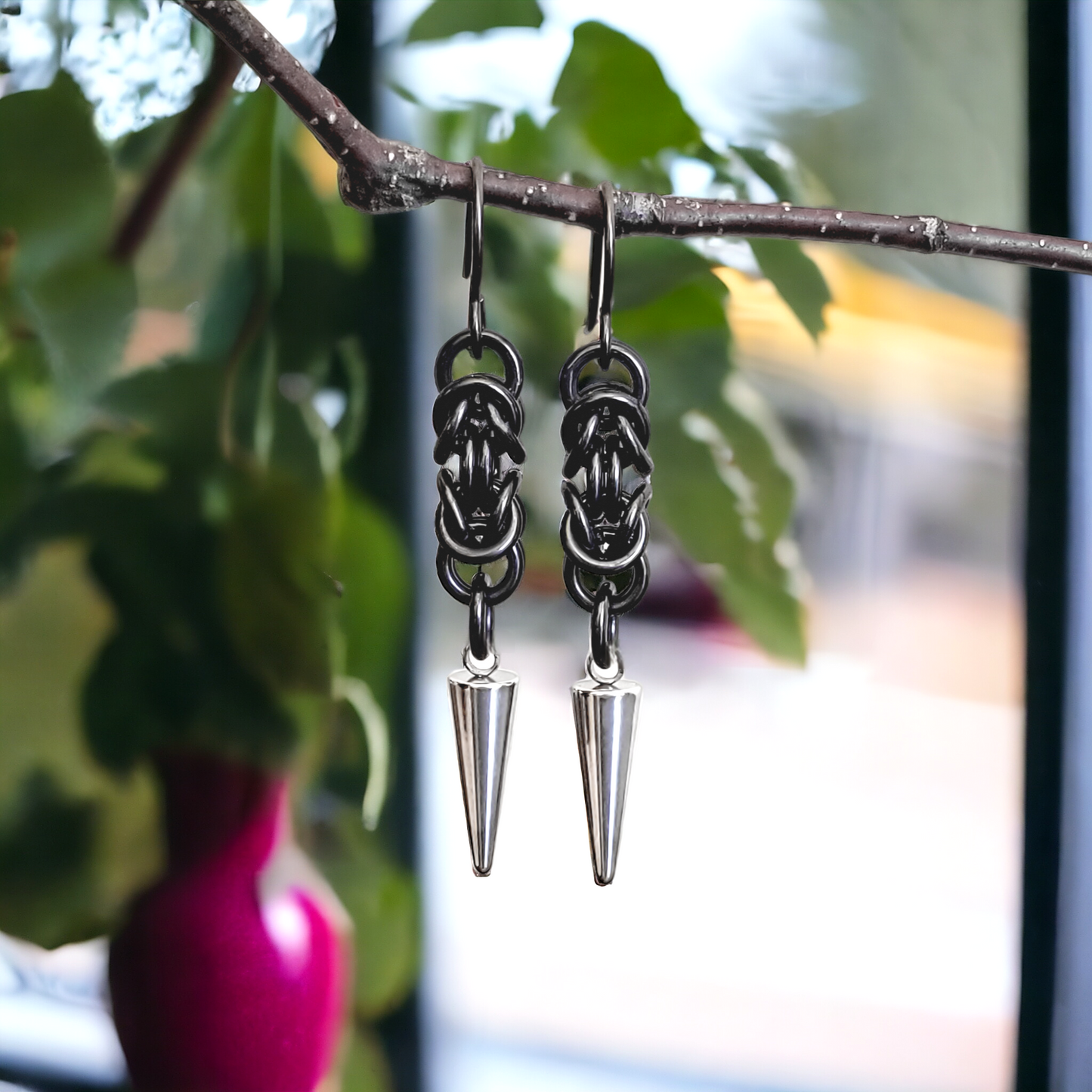 Black Glass Titanium Spike Earrings