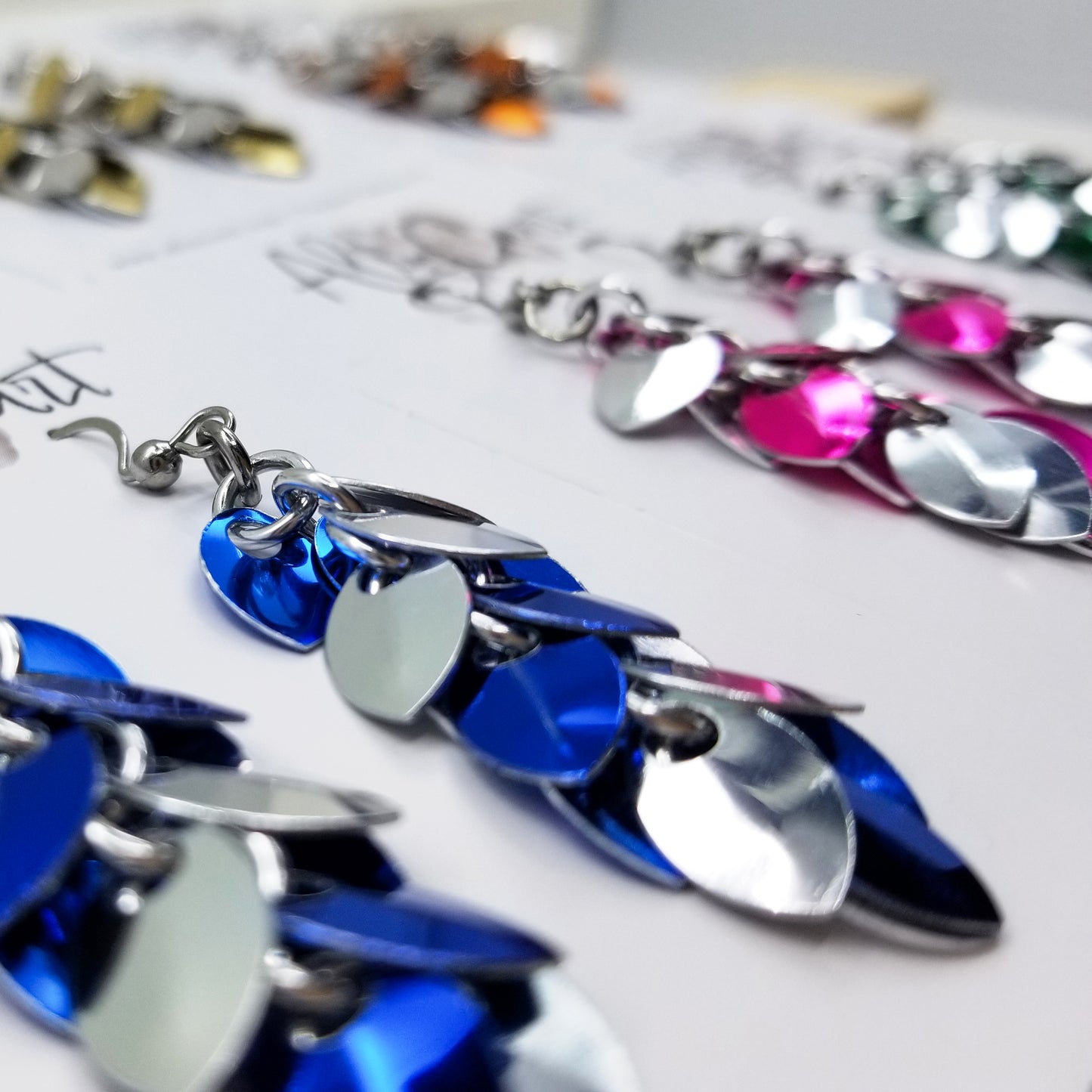 Blue and Silver Shaggy Scale Earrings