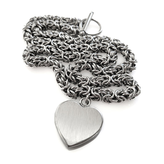 Stainless Steel Byzantine Chain Heart Pendant