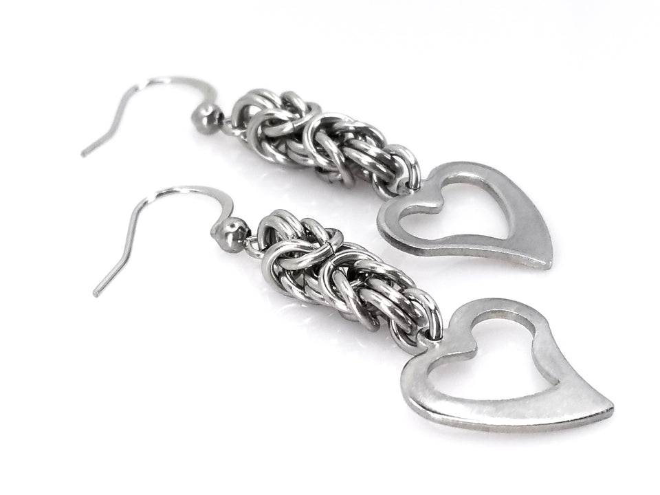Handcrafted Stainless Steel Byzantine Chainmaille and Heart Charm Earrings