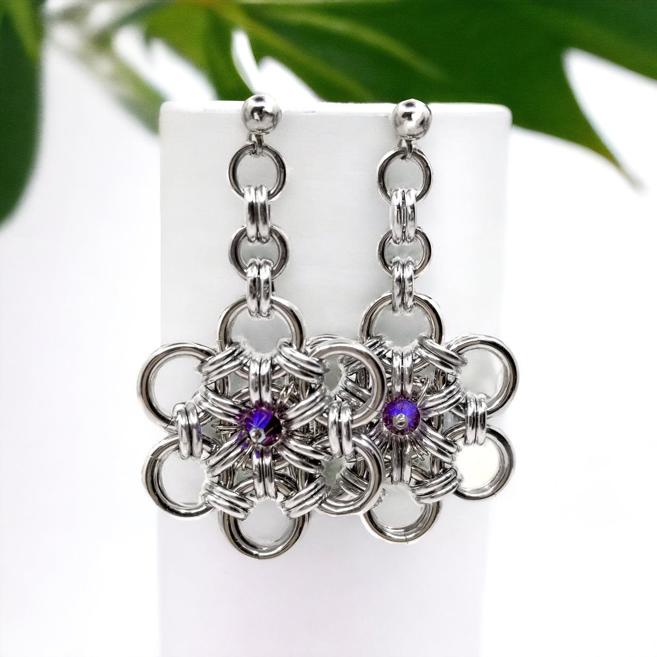Crystal Flower Chainmaille Earrings