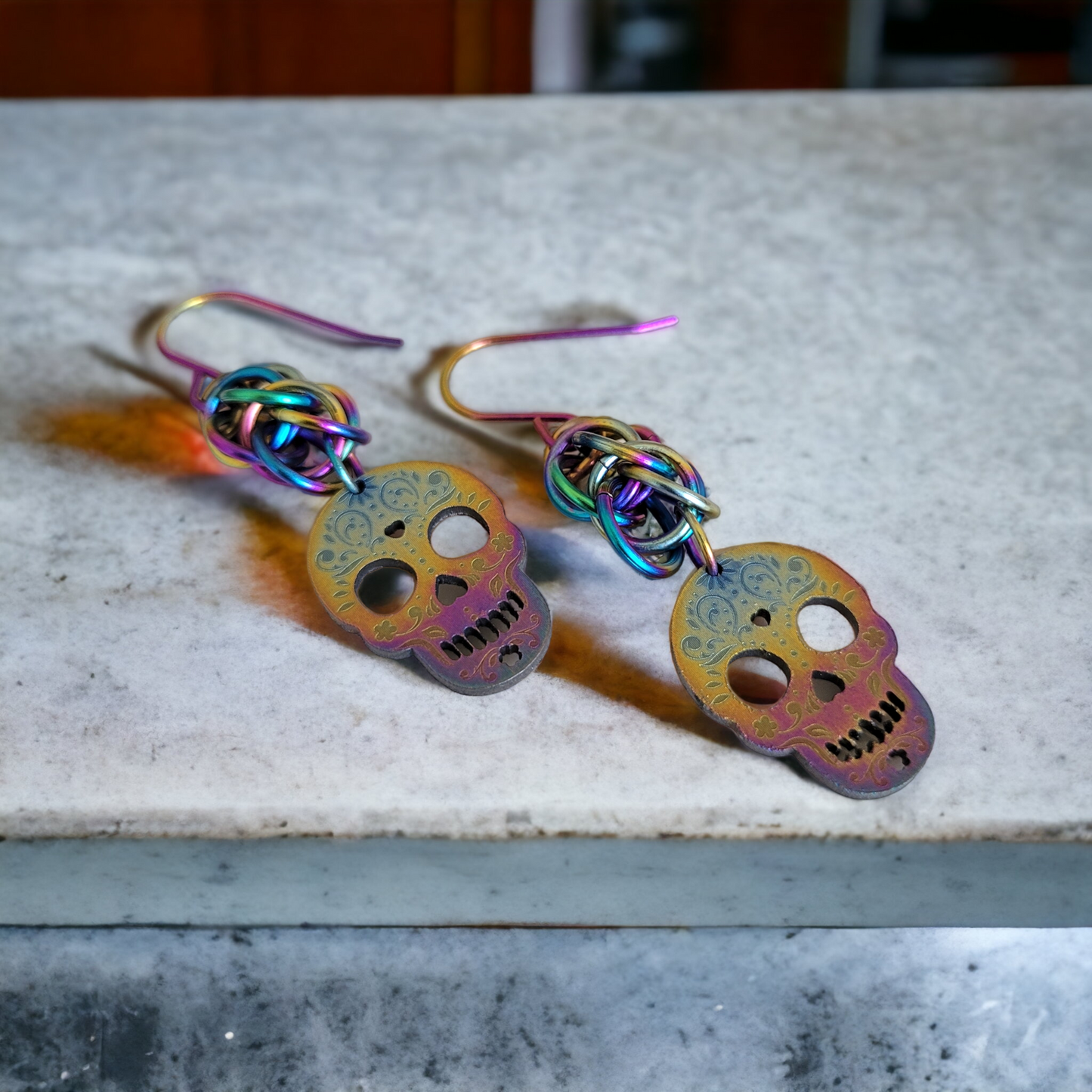 Sugar Skull Rainbow Titanium Earrings