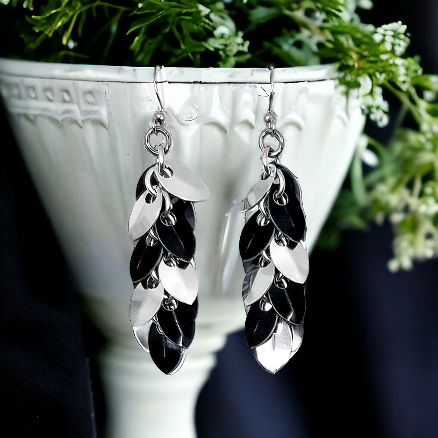 Black and Silver Shaggy Scale Earrings