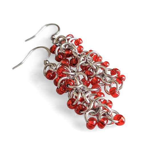 Red Beaded Shaggy Loop Earrings