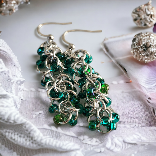 Shades of Green Beaded Shaggy Loop Earrings
