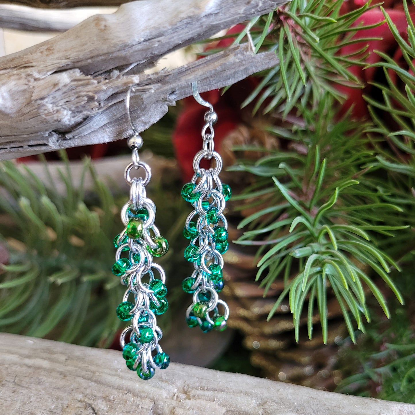 Shades of Green Beaded Shaggy Loop Earrings
