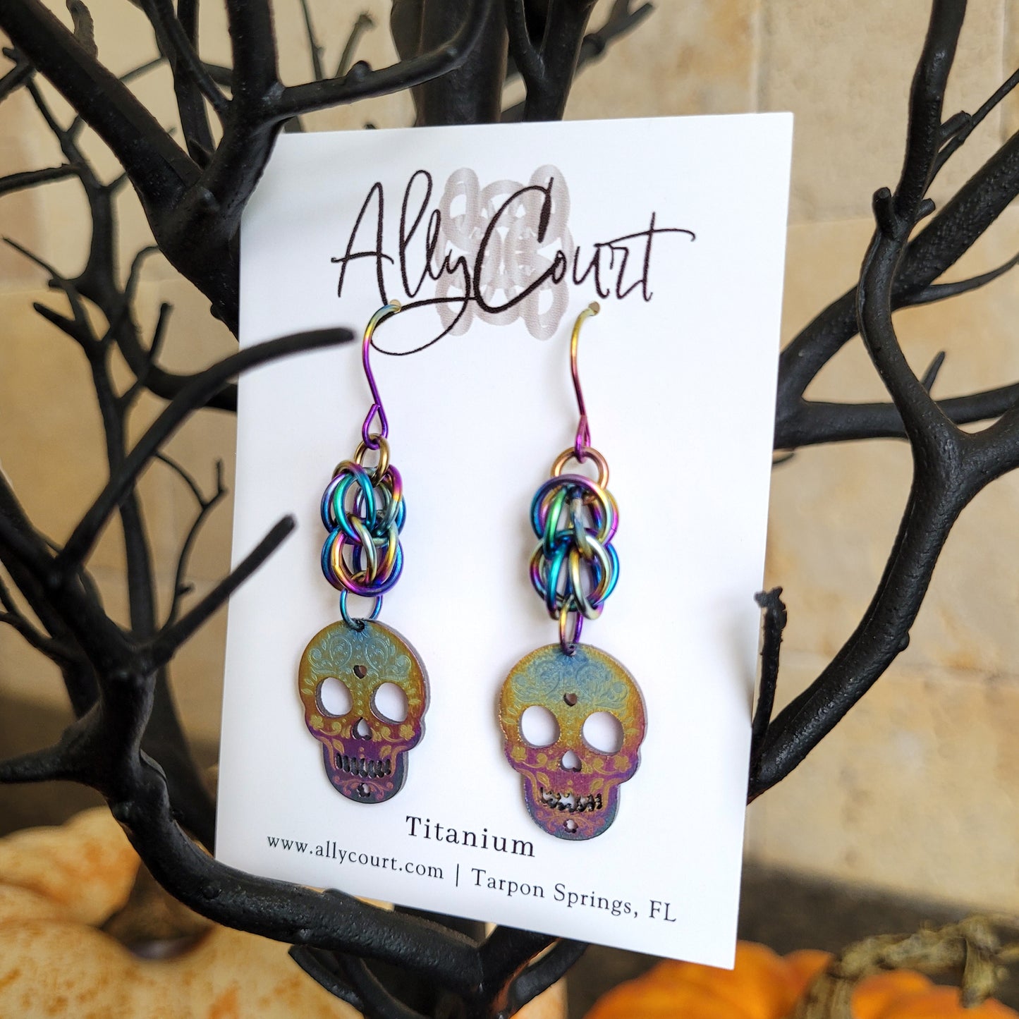 Sugar Skull Rainbow Titanium Earrings