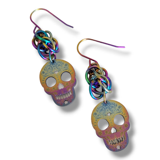 Sugar Skull Rainbow Titanium Earrings