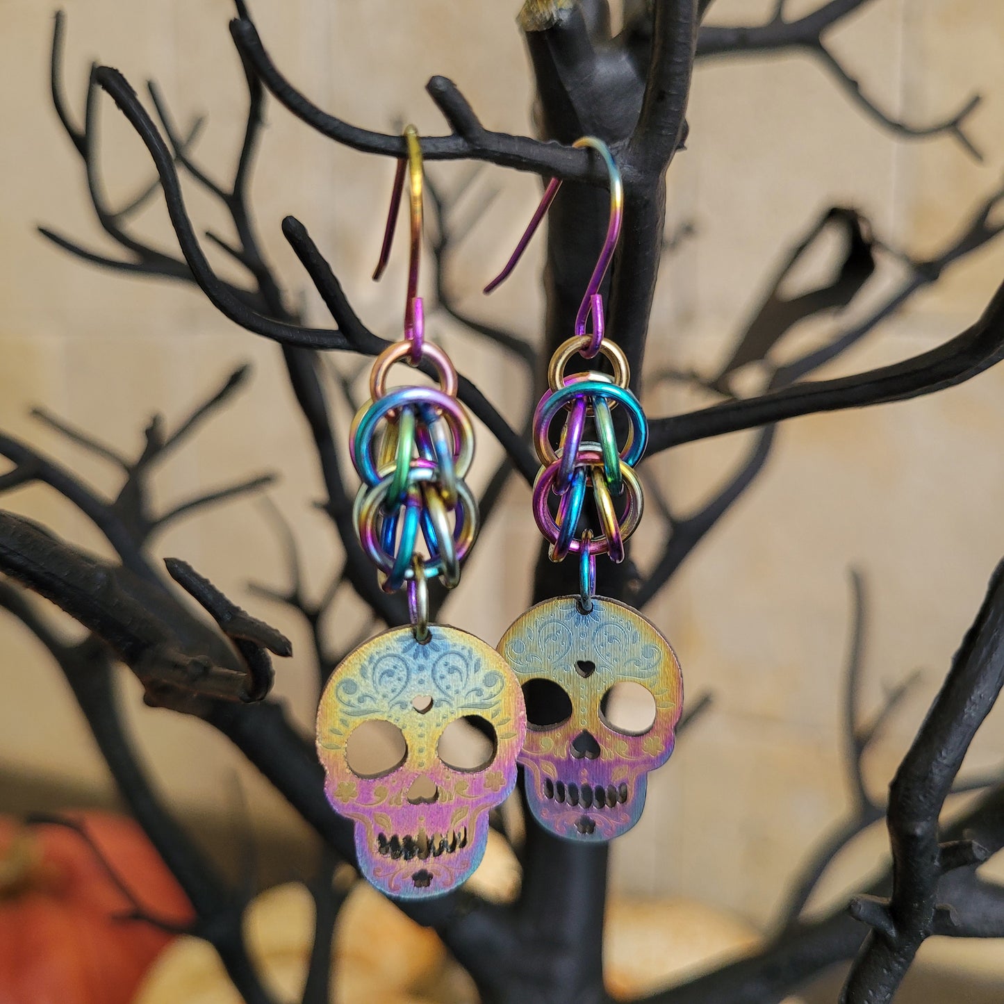 Sugar Skull Rainbow Titanium Earrings