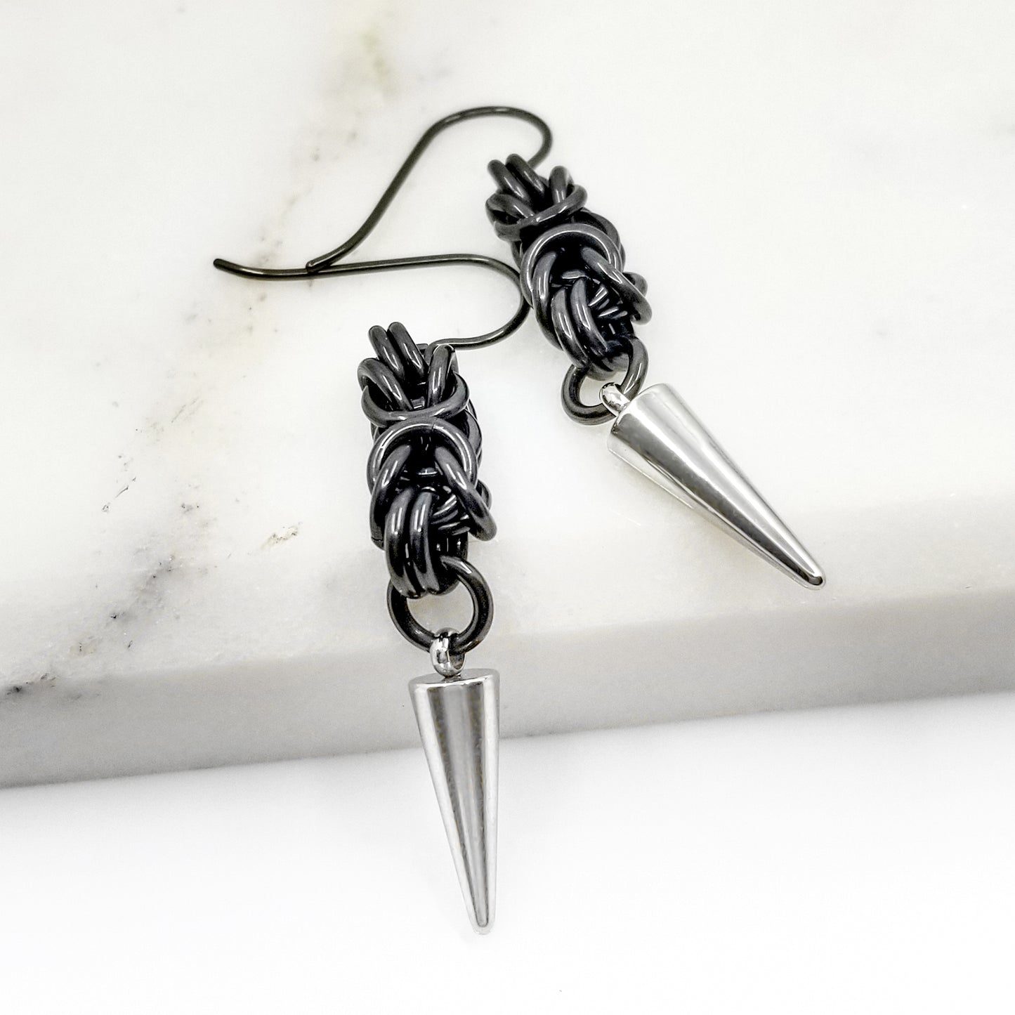 Black Glass Titanium Spike Earrings