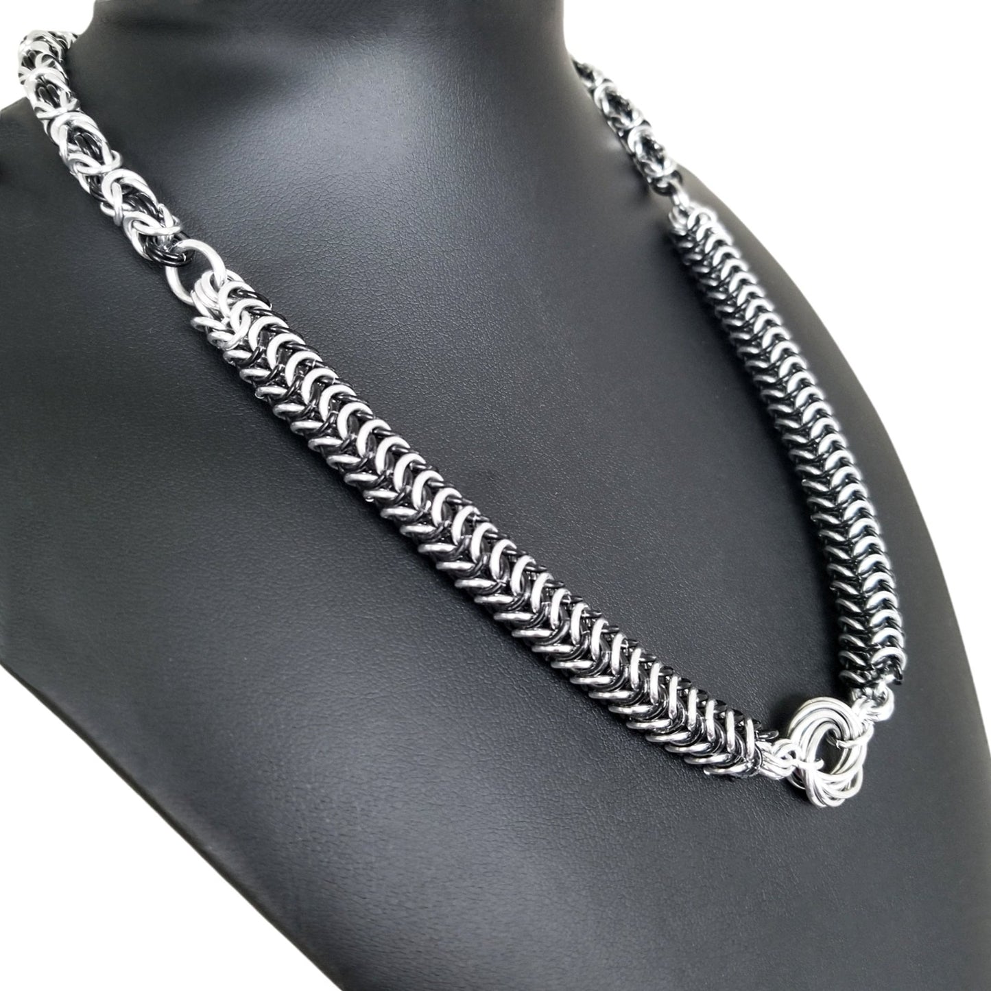 Black and Silver Round Weave and Byzantine Chainmaille Necklace