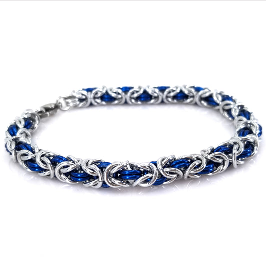 Blue and silver aluminum byzantine weave chainmail bracelet