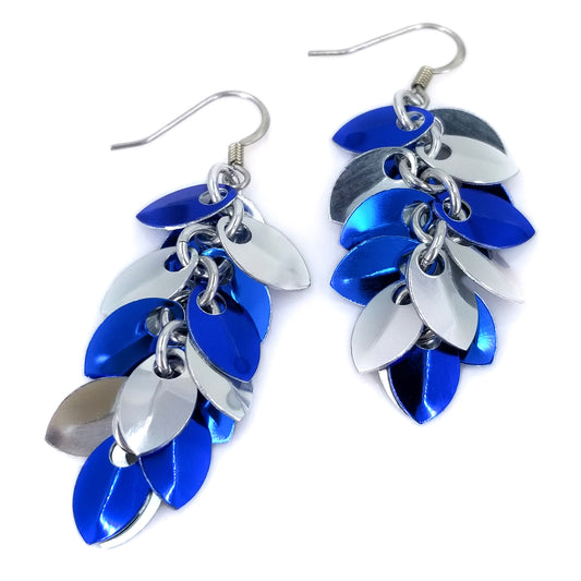 Blue and Silver Shaggy Scale Aluminum Chainmaille Earrings on Stainless Steel Ear Wire