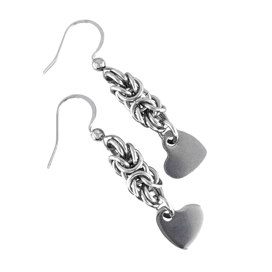 Handcrafted Stainless Steel Byzantine Chainmaille Earrings with Heart Charm