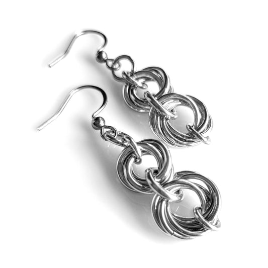 Double love knot mobius chainmaille lightweight aluminum dangle earrings on stainless steel french hook