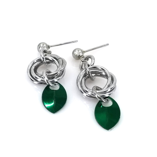 Green baby scale love knot mobius weave chainmaille aluminum earrings on stainless steel ear post