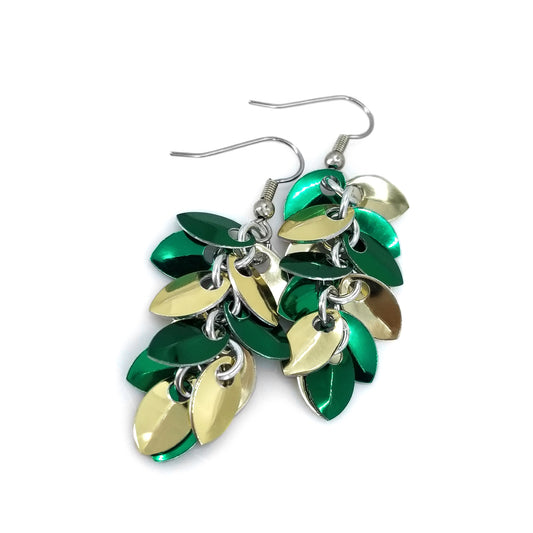 Summertime Essentials Green and Gold Shaggy Scale Aluminum Chainmaille Earrings