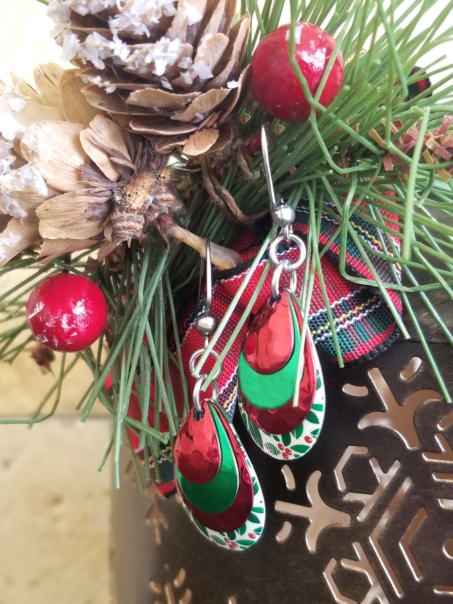 Red Green Holly Handcrafted Earrings