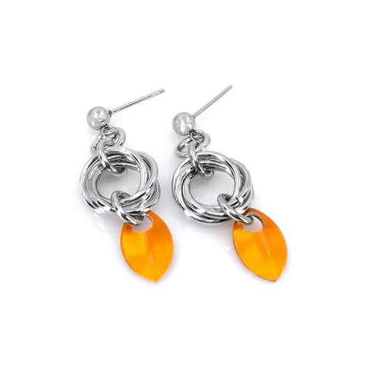 Orange baby scale love knot mobius weave chainmaille aluminum earrings on stainless steel ear post 