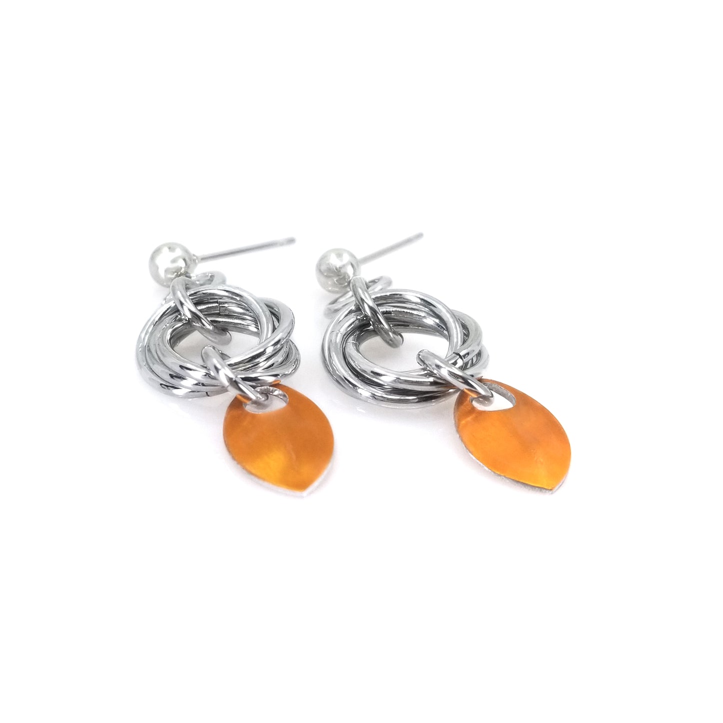 Orange baby scales and bright silver aluminum mobius love knot chainmail earrings with stainless steel ear post