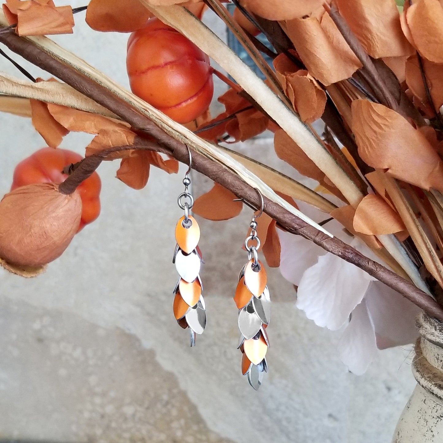 Orange and Silver Shaggy Scale Earrings