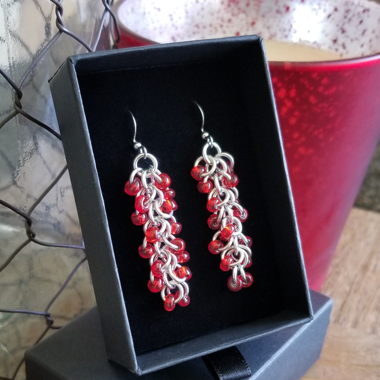 Red Beaded Shaggy Loop Earrings