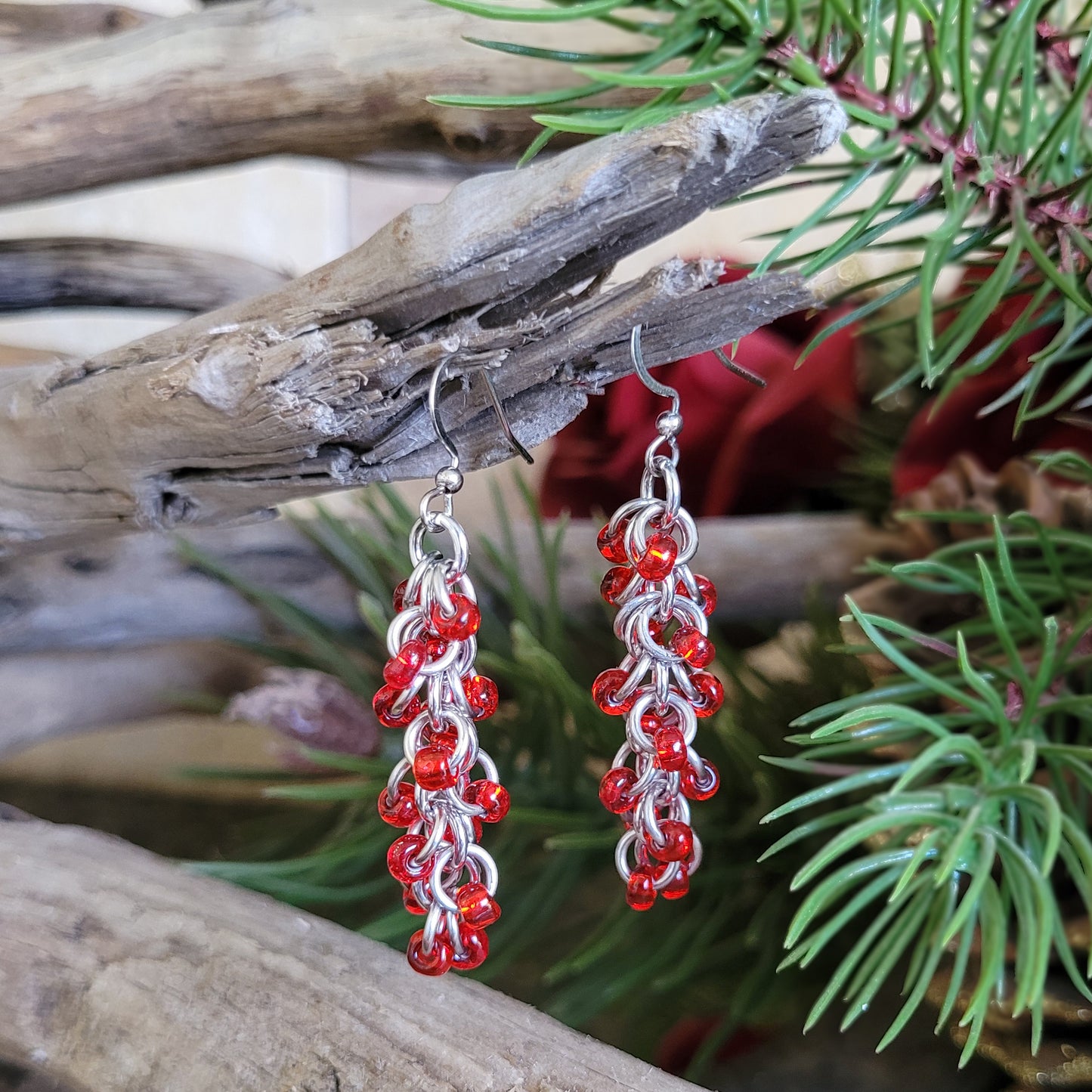 Red Beaded Shaggy Loop Earrings