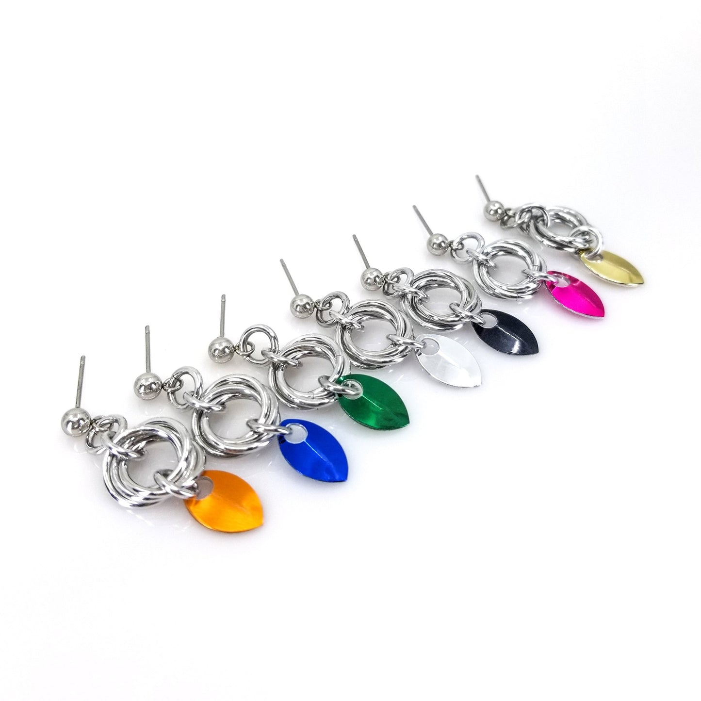Summertime Essentials baby scale love knot mobius chainmaille earrings in orange blue green silver black hot pink gold on stainless steel ear wire