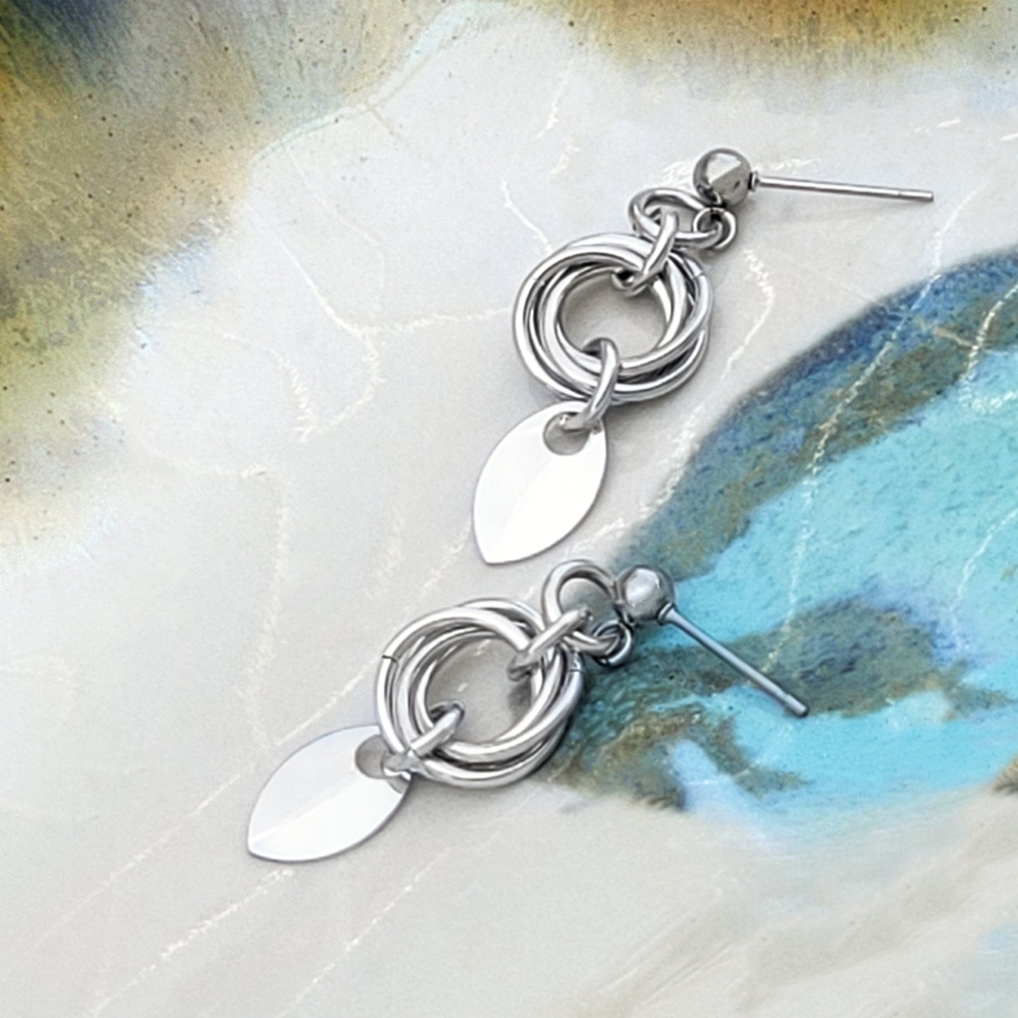 Silver baby scales and bright silver aluminum mobius love knot chainmail earrings with stainless steel ear post