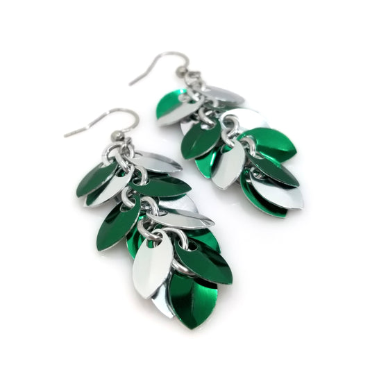 Green and Silver Shaggy Scale Earrings