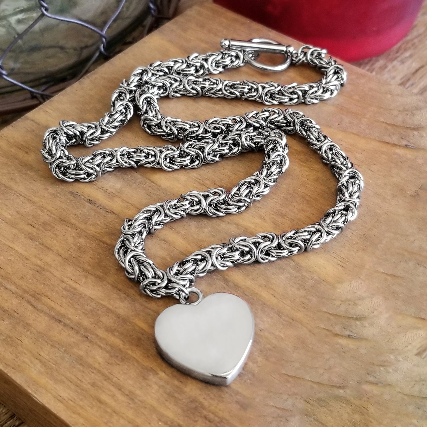 Stainless Steel Byzantine Chain Heart Pendant