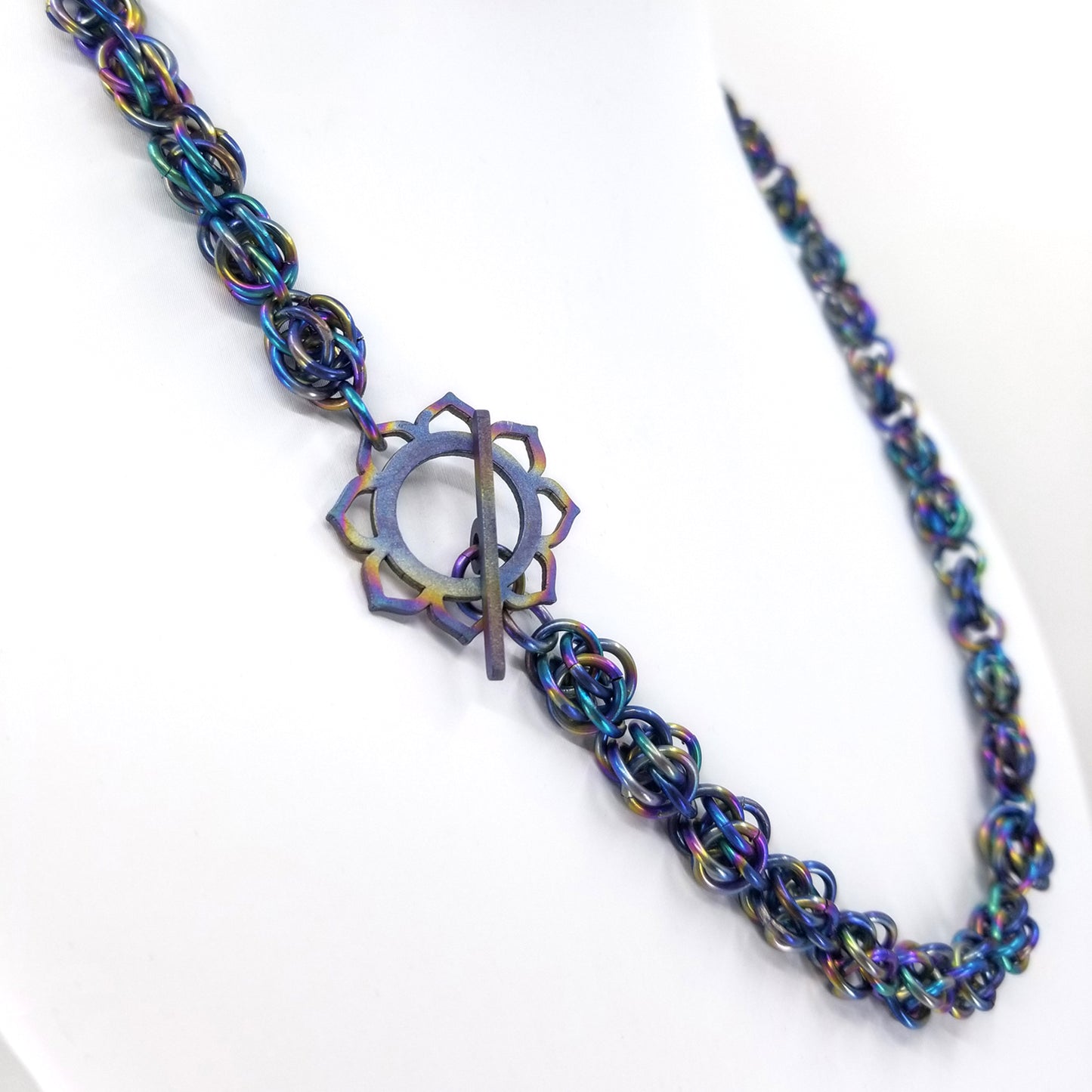Rainbow Titanium lightweight chainmaille necklace with front closure toggle clasp