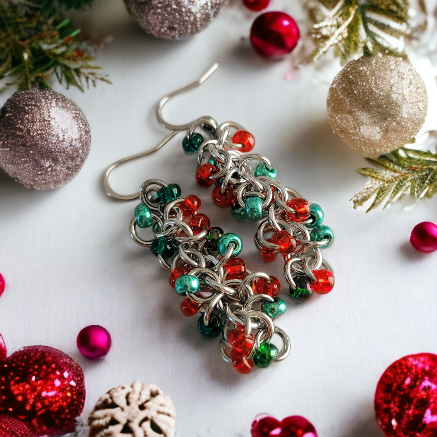 Red and Green Beaded Shaggy Loop Earrings