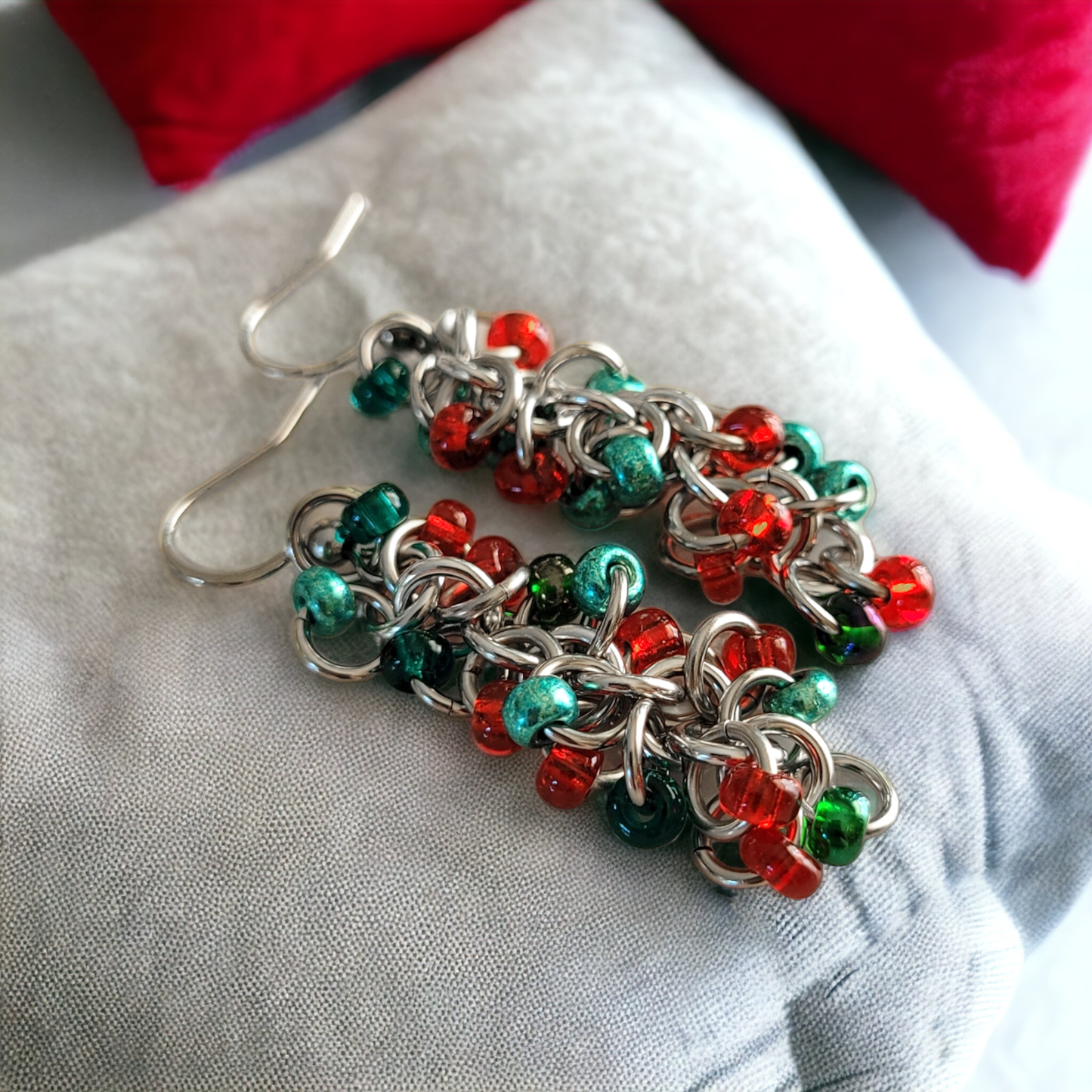 Red and Green Beaded Shaggy Loop Earrings