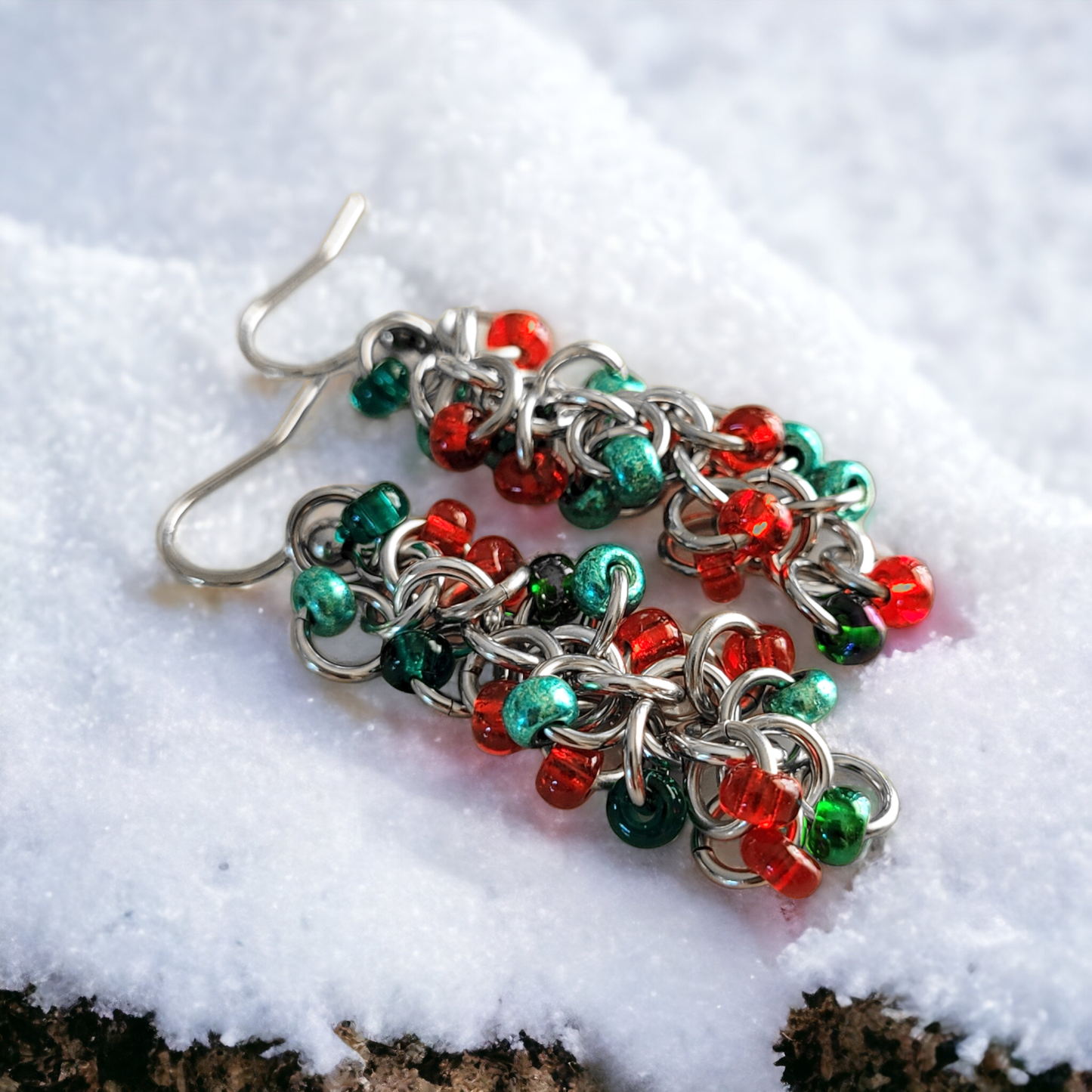 Red and Green Beaded Shaggy Loop Earrings