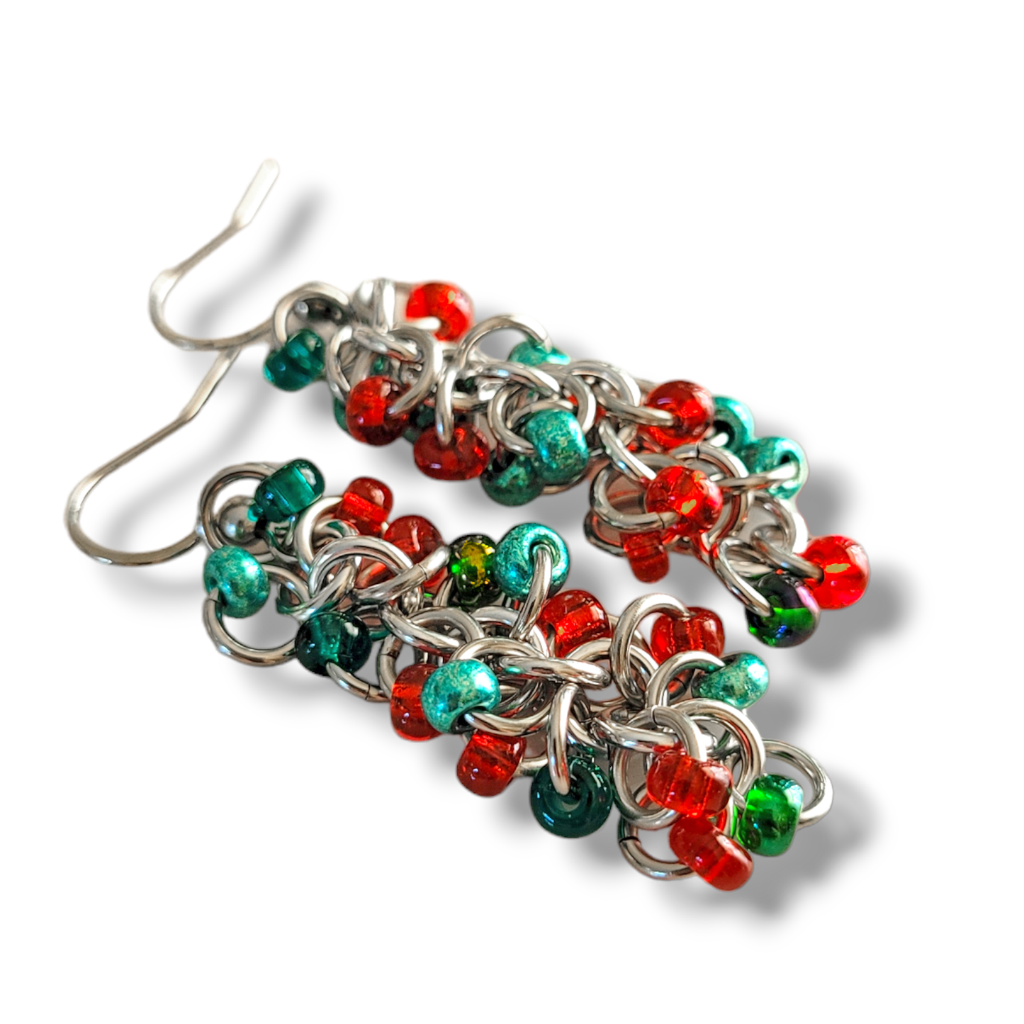 Red and Green Beaded Shaggy Loop Earrings