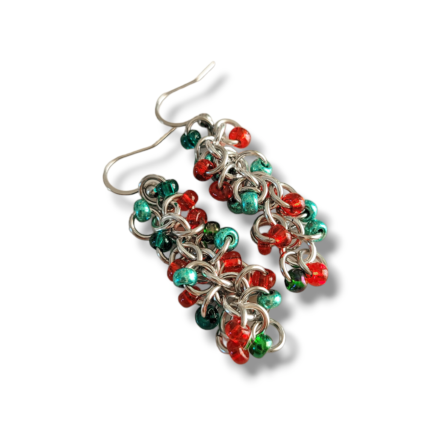 Red and Green Beaded Shaggy Loop Earrings