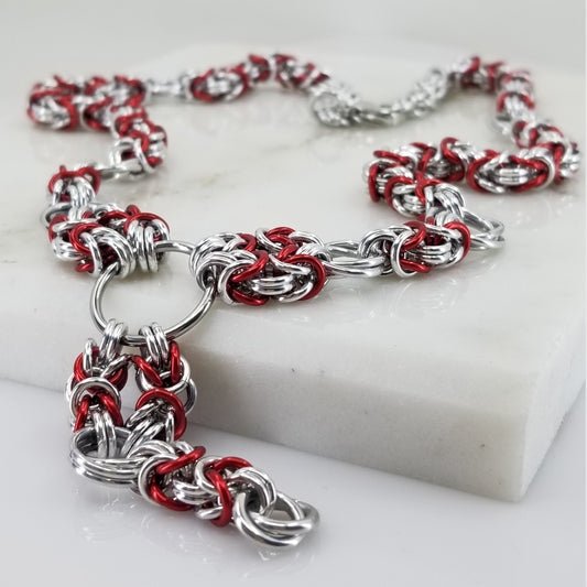 Red and Silver Byzantine and Mobius Ring Necklace