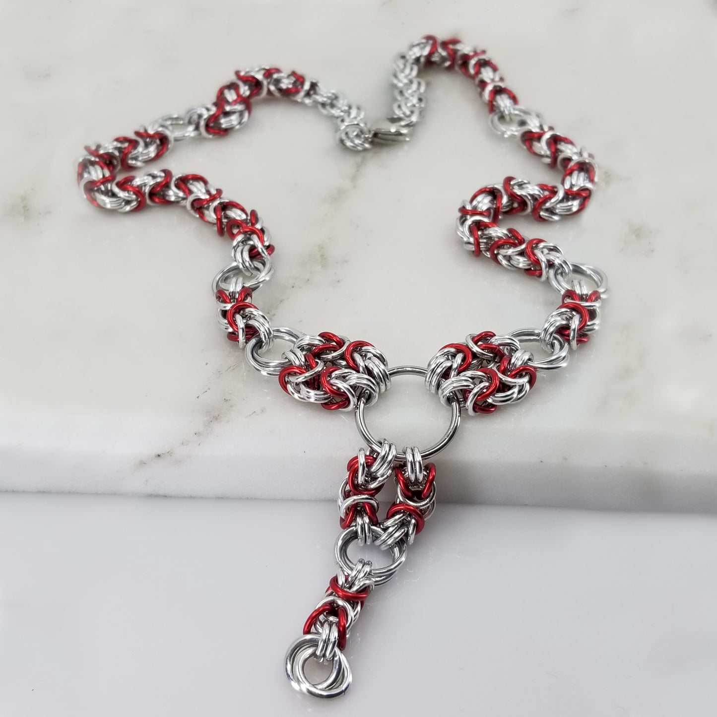 Red and Silver Byzantine and Mobius Ring Necklace