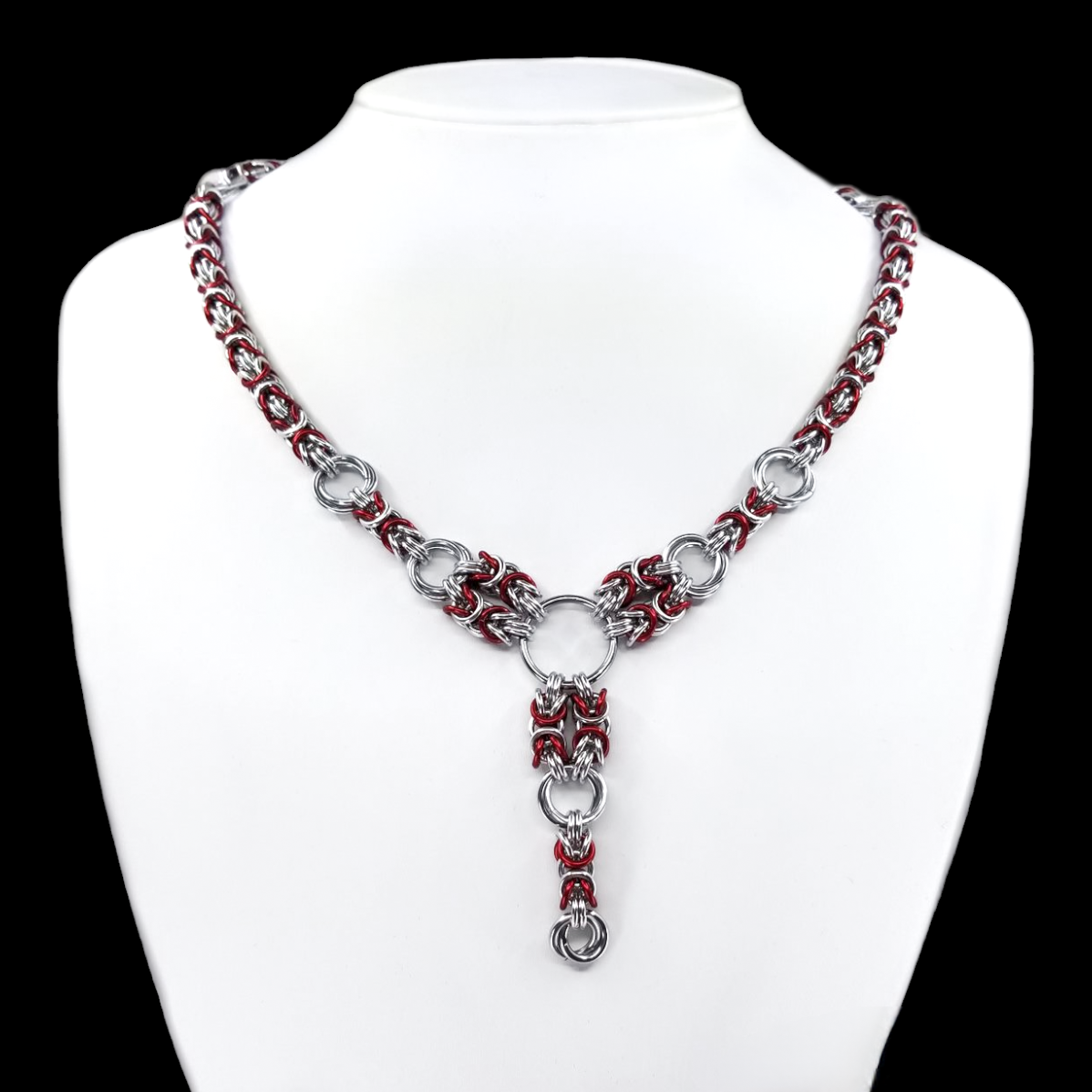 Red and Silver Byzantine and Mobius Ring Necklace