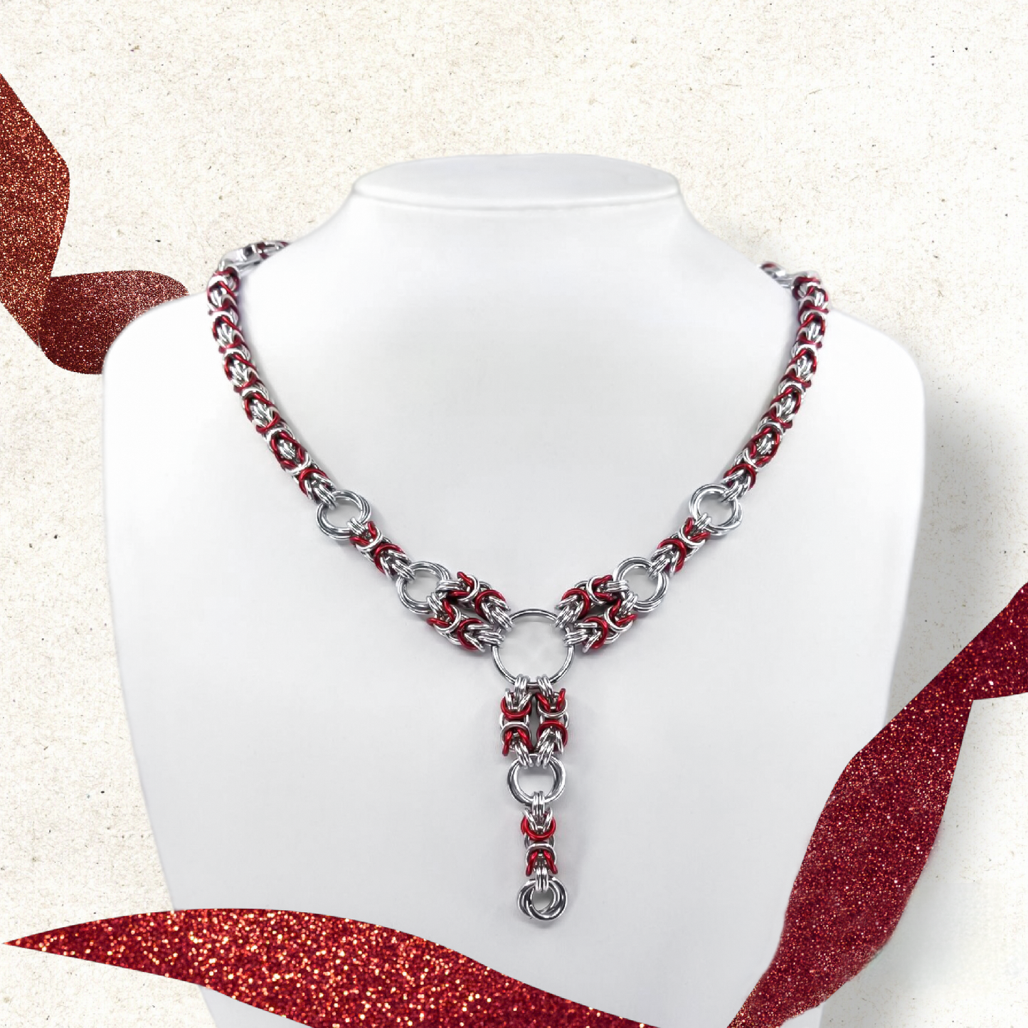 Red and Silver Byzantine and Mobius Ring Necklace