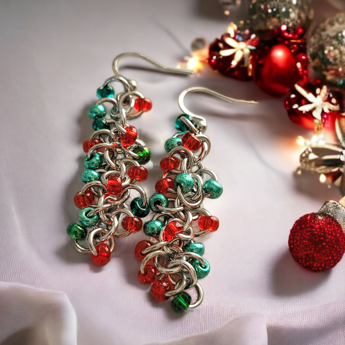 Red and Green Beaded Shaggy Loop Earrings