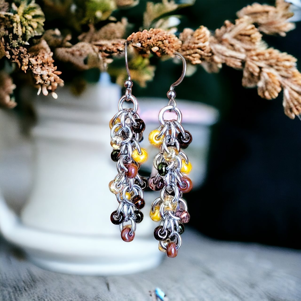 Shaggy Loop Earrings Beaded Yellows Mix