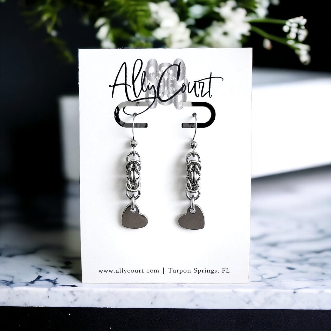 Stainless Steel Byzantine Heart Charm Earrings