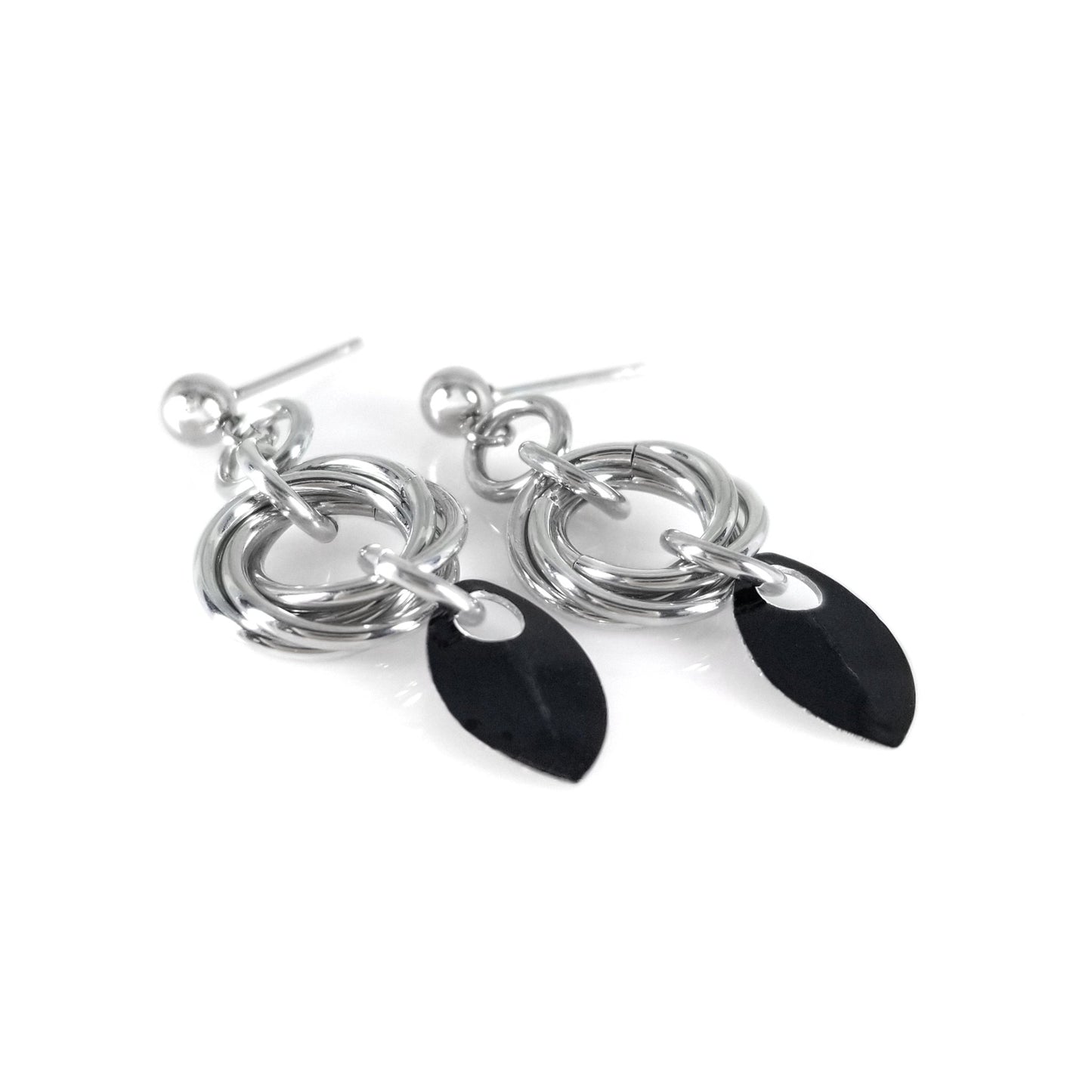 Black baby scale love knot mobius weave chainmaille aluminum earrings on stainless steel ear post