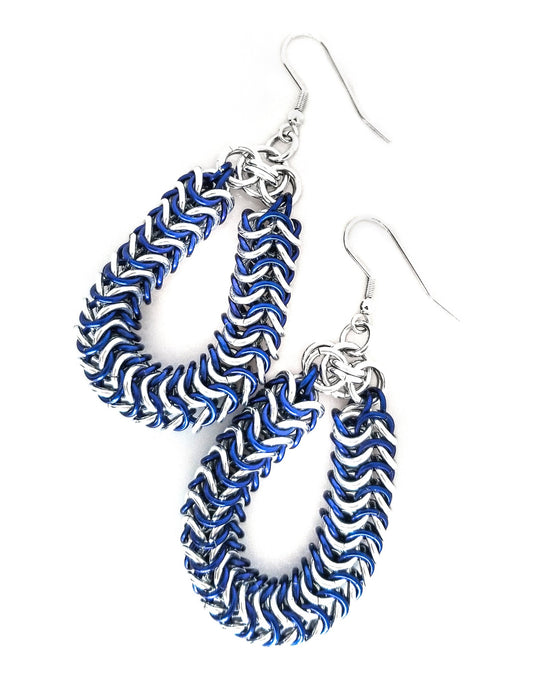 Blue and Silver Roundweave Chainmaille Hoop Earrings