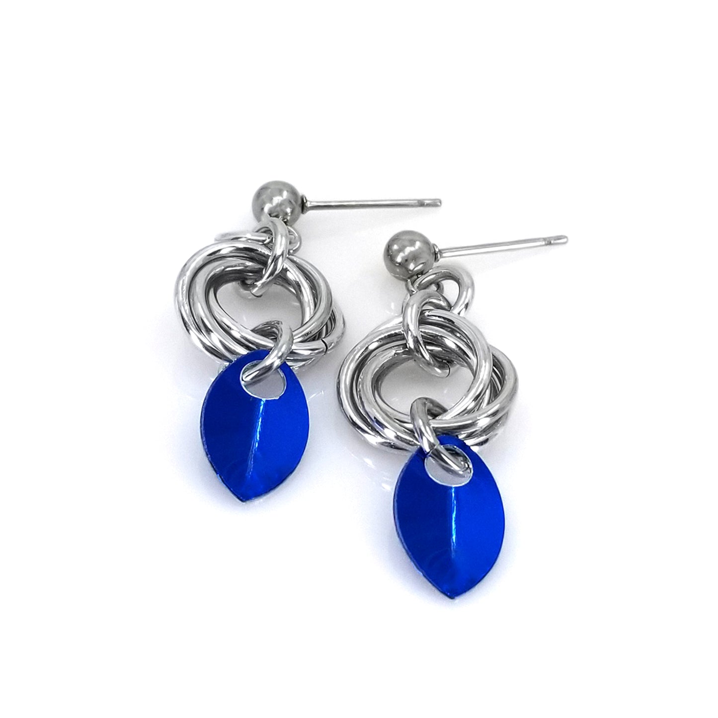 Blue baby scale love knot mobius weave chainmaille aluminum earrings on stainless steel ear post 