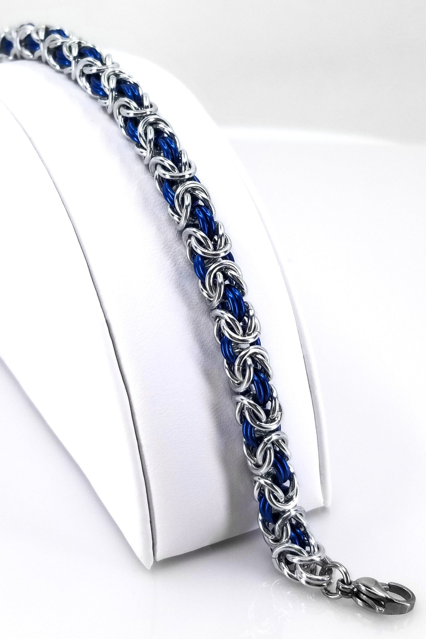 Blue and Silver Byzantine Chainmaille Bracelet with Stainless Steel Lobster Claw Closure