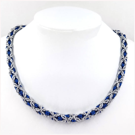 Handcrafted Blue and Silver Byzantine Chainmaille Necklace