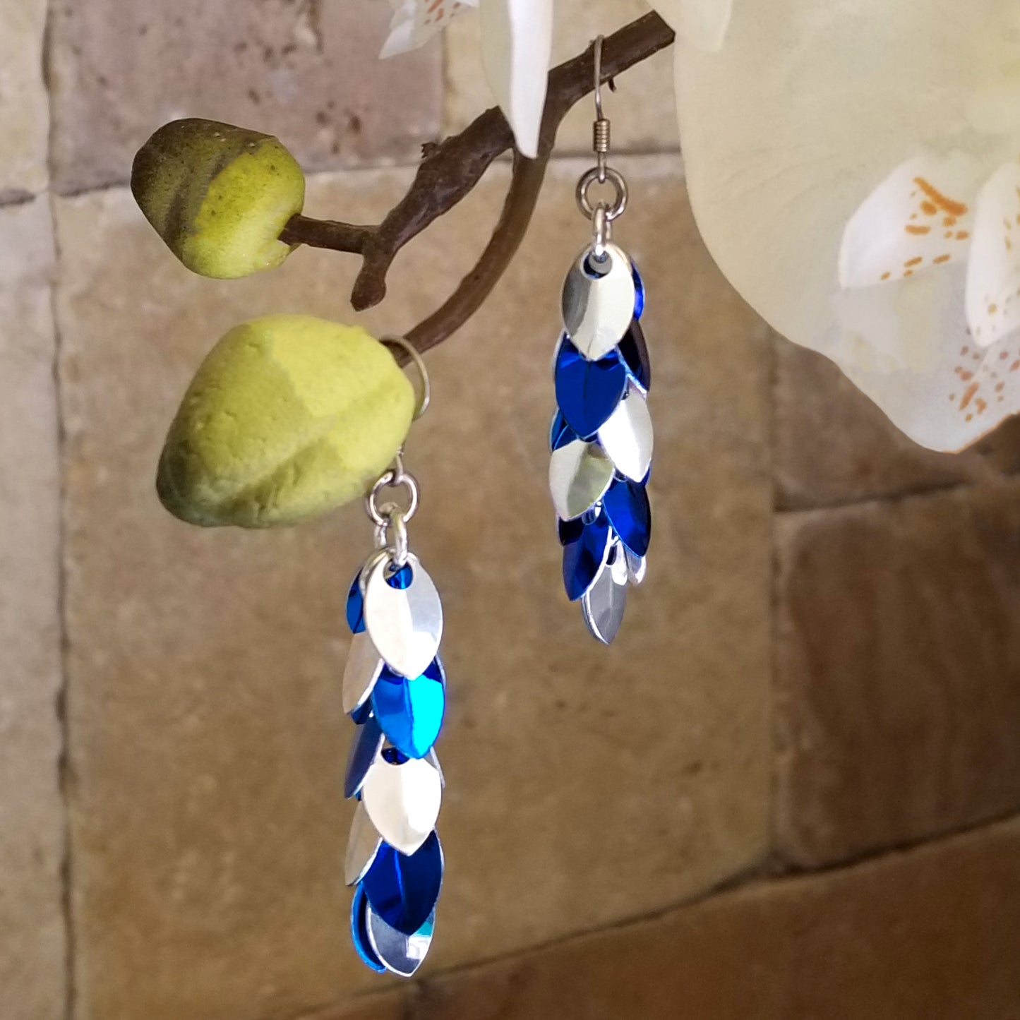 Blue and Silver Shaggy Scale Earrings